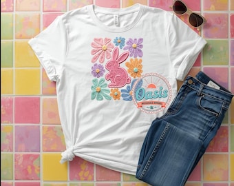 Easter Tee, Floral Bunny Tee, Easter Rabbit Tee, Spring Tee, Graphic Tee, DTF Tee, Faux Embroidery