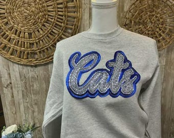 CATS Multi-Fabric Applique Sweatshirt in Sequins & Shiny Foil Fabrics, Handmade, Kentucky, Women's Gift, Birthday Gift, College Sweatshirt