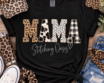 MAMA Leopard Faux Embroidery Applique Tee, Mama Tee, Women's Gift, Mother Gift, Checkered Mama, Motherhood, Mom Designs, Leopard Mama