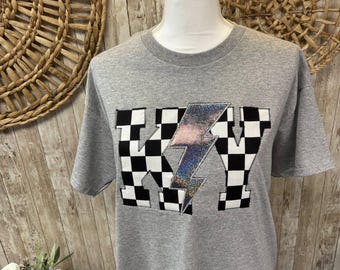 Retro KY Applique Tee, Retro, KY, Kentucky, Race Check, Glitter, Girl Gift, Christmas Gift, Birthday Gift