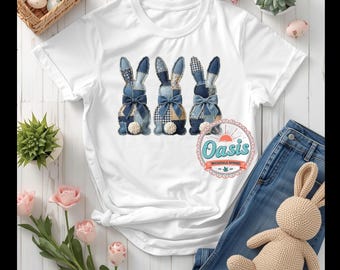 Easter Tee, Three Denim Bunnies, Spring Apparel, Spring Tee