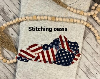 RWB Raggy American Flag KY Applique Tee, KY, usa, America, 4th of July Tee, Memorial Day Tee, Women's Gift, Girl Gift, Birthday Gift