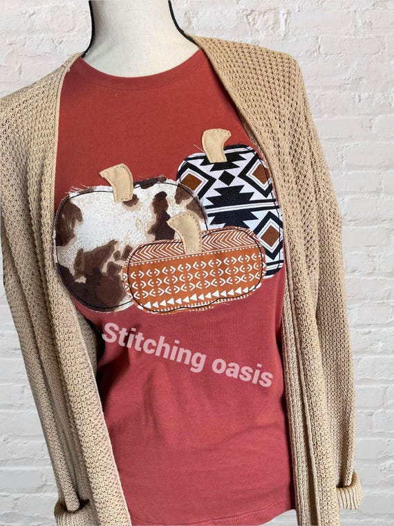 Applique Fabric Aztec Pumpkin Tee, Western Pumpkin Tee, Fall Tee, Womens Fall Shirt, Womens Gift, Pumpkin Tee