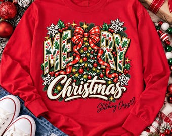 Merry Christmas Sweatshirt, Preppy, gingham bow, Christmas Tree, holly, Snowflakes