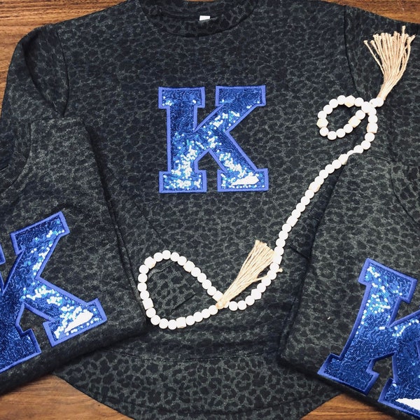 Sequins "K" Kentucky Applique Leopard Hi-Lo Open Hem Sweatshirt, White Kentucky stitched, Leopard Shirt, Kentucky Shirt, K Shirt, KY Shirt