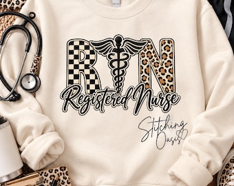 RN Registered Nurse with Medical Caduceus Sweatshirt, Leopard, Checkered, Medical Shirt, grad gift, RN, nurse gift