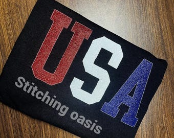 USA Glitter Applique Tee, USA, America, American Shirt, Glitter, Patriotic Shirt, Girl Gift, Women's Gift, Independence Day, 4th of July