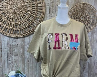 FARM Sequins/ Fabric Applique Tee, Farm tee, Cow shirt, Farm Wife shirt, Sequins, Glam, Girl Gift, Women's gift, birthday gift, western
