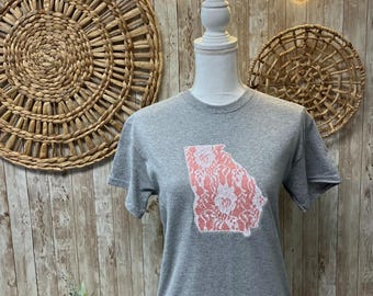 Lace Applique Georgia tee, women's gift, Lace, Georgia, Christmas gift, Women, Peach, GA, Girl, Appliqué, Embroidery, birthday gift