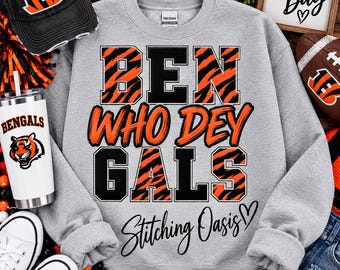 Cincinnati Bengals Who Dey Football Faux Embroidered Sweatshirt, Tailgating, Game Day, Women's Gift, Black & Orange, Burrow