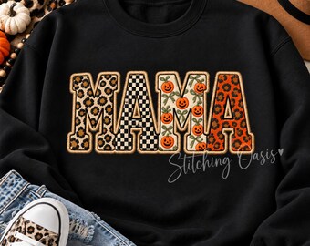 MAMA Leopard Faux Embroidery Sweatshirt, Mama, Women's Gift, Mother Gift, Checkered Mama, Pumpkins ,Mom, Leopard Mama