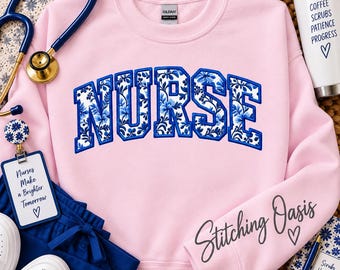 Nurse Blue and White Toile, Chinoiserie Inspired Sweatshirt, Faux Embroidery, RN, Medical Shirt, grad gift, RN gift, nurse gift, student