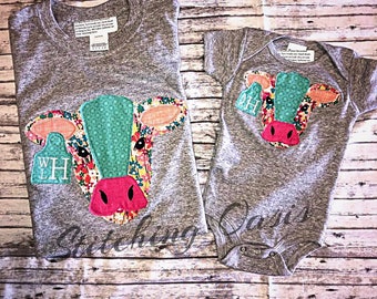 Mommy and Me Matching Monogrammed Cow with Ear Tag Shirts
