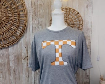 Tennessee orange and white check "T" t-shirt, college gift