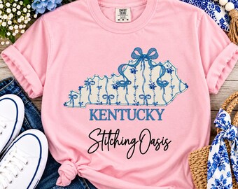 Kentucky State Bow Applique Tee, Embroidery, Preppy, Bow, Blue Floral, Ribbon & Bow, Chinoiserie, Toile, Floral State