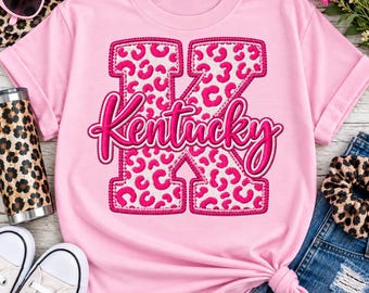Pink Leopard Kentucky K Faux Embroidery Tee, Coquette Bow Tee, College, Spirit, Game Day