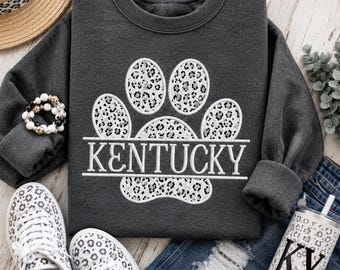 White Leopard Paw Print Applique with Kentucky Embroidered, Leopard Shirt, Kentucky Shirt, Paw Print Sweatshirt, CATS, Kentucky Sweatshirt