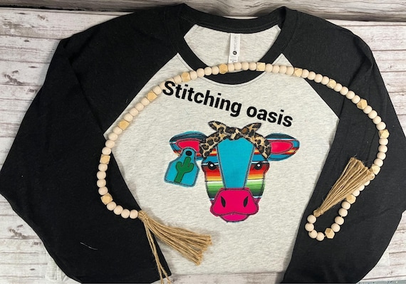 Serape Applique Cow with Leopard Bandana with Cactus Ear Tag Baseball Tee, Cow Tee, Farm Tee, Western Tee, Youth Tee