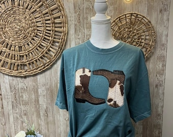 Quilted Applique Cowboy Boots Shirt, Western, Cowboy, Cow, Faux Leather, Women's Gift, Girl Gift, Birthday Gift, Christmas Gift
