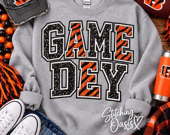 Cincinnati Bengals Game Dey Glitter Sweatshirt, Who Dey, Burrow, Tailgating, Game Day, Women's Gift, Black & Orange, Trendy, Bling