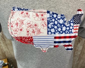 USA Applique Tee, Birthday, Embroidery, USA, Christmas Gift, Memorial Day, 4th of July, vintage, quilted, boutique, girl, military mom
