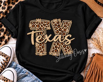 TX Texas Leopard Sparkle Short Sleeve Tee, Western, Longhorn, Southern, Texas Girl, Women's Gift, Rodeo