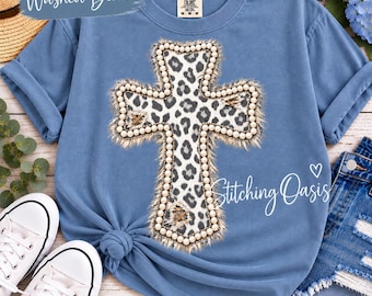 Leopard and Pearl Cross Comfort Color Tee, Coquette, Christian, Vintage, Shirt, Boutique, Religious Shirt, Church Group Shirts, Faith