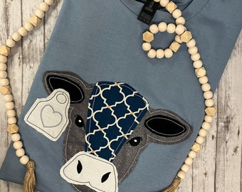 Gray Glitter/Navy Scallop Cow Tee, Cow Shirt, Farm Shirt, Farm Girl, Girl Gift, Girl Shirt, Cow, Women's Gift, Glitter, Birthday gift