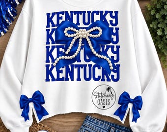 Kentucky Bow with Pearls & Side Bows Sweatshirt, Blue and White Toile, Chinoiserie Inspired, Kentucky Tee, Kentucky Pride, Kentucky Bow