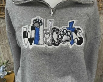 UK Wildcats Sequins Multi Fabric Applique Quarter Zip Sweatshirt, College Gift, Kentucky