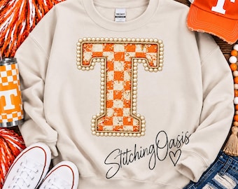 Orange Checkered and Pearl T, University of Tennessee Sweatshirt, T Sweatshirt, Volunteers, Women's Gift, TN Gift, VOLS, College Shirt