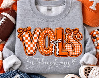 VOLS Coquette Bow Faux Embroidery Design, TN Sweatshirt, Volunteers, Women's Gift, TN Gift, College Shirt, Tennessee Shirt, Checkered