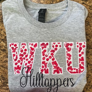 WKU Hilltoppers Applique Shirt, WKU, Western Kentucky, College Shirt, College Gift, Girl Gift, Grad Shirt, Grad Gift, Western, Sports shirt