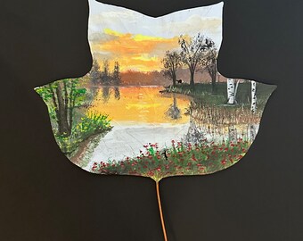チューリップの葉のアクリル画：夕焼けの風景画