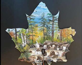 シカモアの葉で描いたアート：滝の風景、自然の装飾