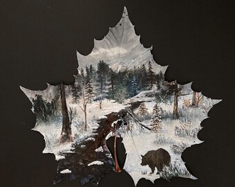 Unusually Large! Painted Sycamore Leaf Art: Bear Country Landscape (14x11.5 inch)