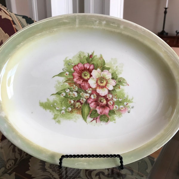 Vintage W.S. George Derwood Lusterware Serving Platter Pale Green Pink and White Floral pattern