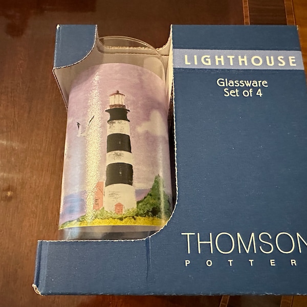 Vintage Thomson Pottery 16 oz Glassware Tumbler Lighthouse New in Box Set of 4