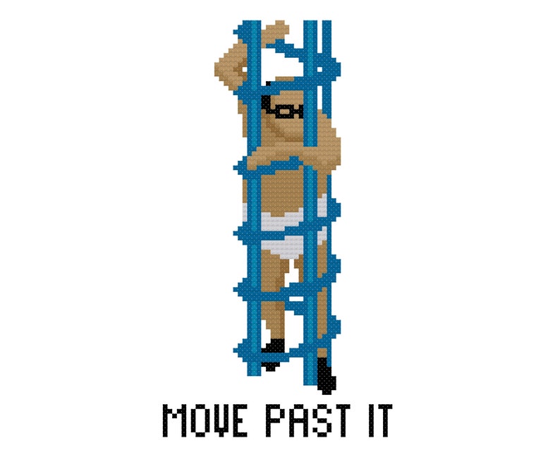 May include: Pixel art illustration of a person trapped in a blue dollar sign cage. The text "MOVE PAST IT" is below the image.
