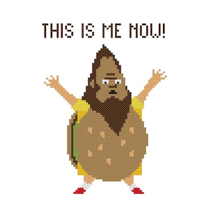 Könnte beinhalten: Eine Pixel-Art-Illustration einer Person, die als Hamburger verkleidet ist. Die Person hat einen braunen Bart und trägt ein gelbes Hemd. Der Text "THIS IS ME NOW!" befindet sich über der Person.