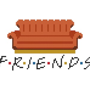 Könnte beinhalten: Ein Pixelbild des legendären orangefarbenen Sofas aus der Fernsehserie "Friends" mit dem Wort "FRIENDS" darunter in Schwarz mit farbigen Punkten zwischen den Buchstaben.