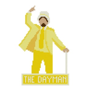 May include: A pixel art illustration of a person wearing a yellow suit, a white hat, and a yellow tie. The person is standing on a platform with the text "THE DAYMAN" written on it.