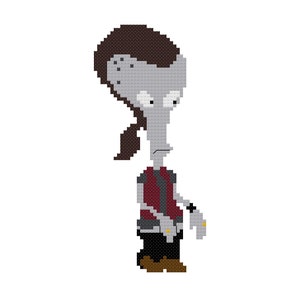 Roger the Alien come Ricky schema punto croce PDF spagnolo, file download immediato personaggio American Dad, fan art alieno hipster, alieno ubriaco
