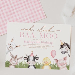 Faire-part d'anniversaire fille animaux de la ferme, faire la fête animaux de la ferme, faire-part d'anniversaire numérique ferme, texte ferme inviter, anniversaire ferme rose