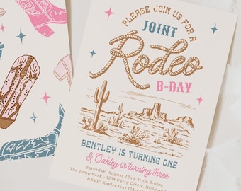 May include: Invitation to a joint rodeo birthday party for Bentley turning one and Oakley turning three. The invitation features a western desert landscape with cacti and a rope-wrapped "Rodeo" text. The back of the invitation has a pattern of pink and blue cowboy boots.