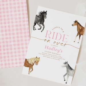 Horse Birthday Party Invitation, Pony Birthday Party Invitation, Text Horse Birthday, Girl&#39;s Horse Party Invite, Check Horse Party Invite