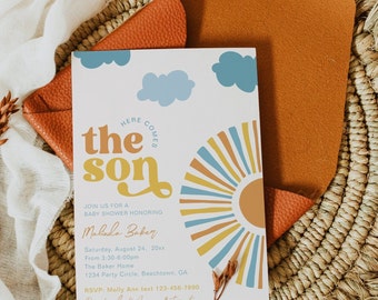 Here Comes the Son Baby Shower Invitation, Here Comes the Son Invitation, Sun Baby Shower Invitation, Boho Sun Baby Shower Invitation