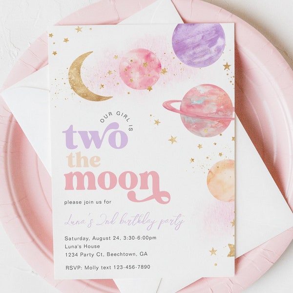 Two the Moon Birthday Party Invitation, Two the Moon Party, Digital Two the Moon Invitation, Girl's Space Birthday Invitation, Digital Space