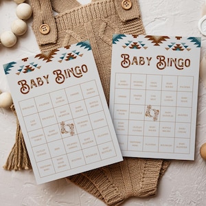 Cartes de bingo pour bébé du sud-ouest, jeux de baby shower du sud-ouest, cartes de bingo de bingo pour bébé western, cartes de bingo de bingo pour bébé à imprimer, jeux de baby shower neutres