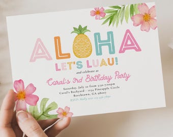 Luau Party Invitation, Girl's Luau Birthday Invite, Aloha Invitations, Girl Pool Party Invite, Luau Invitations